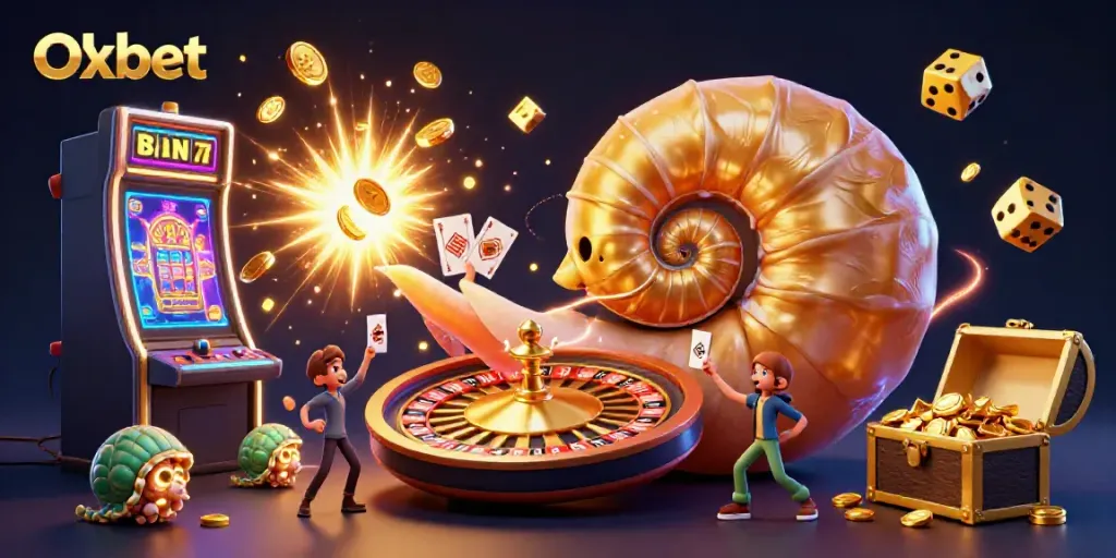 Experience exhilarating gaming with Oxbet, featuring a vibrant casino scene with a nautilus roulette and golden treasures.