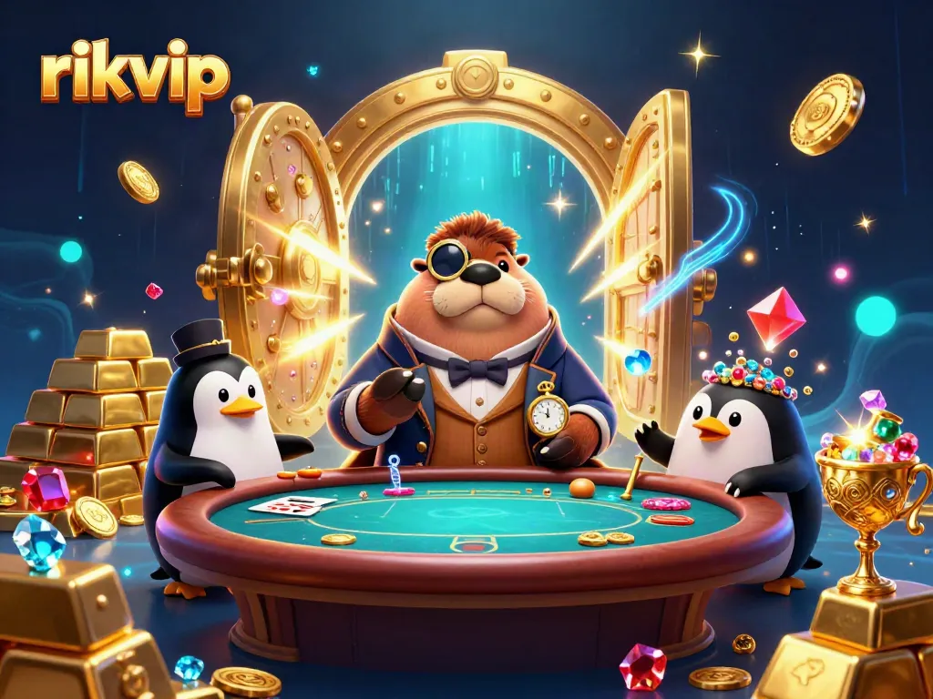 Experience exhilarating poker action with rikvip's dazzling underwater scene featuring a jolly walrus and sophisticated dealer.