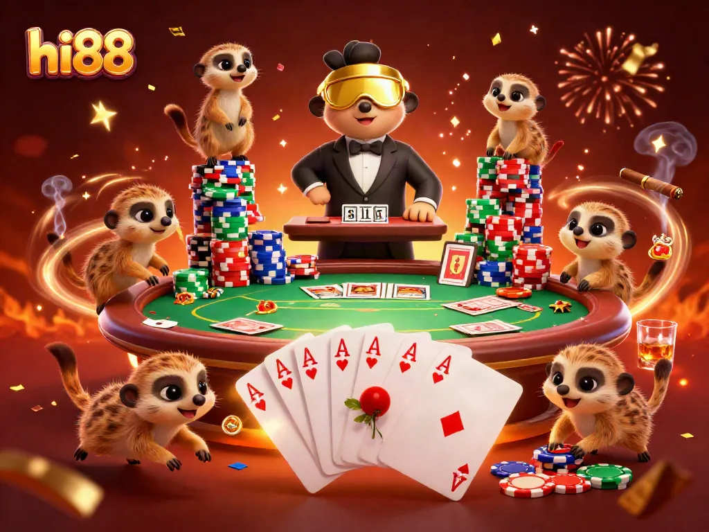 hi88 meerkats run a vibrant casino operation with poker and colorful chips.