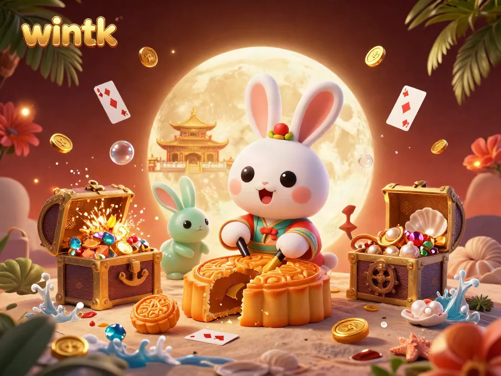 WinTK Casino scene with a magical moon rabbit revealing poker chips amidst golden treasure and vibrant gaming elements.