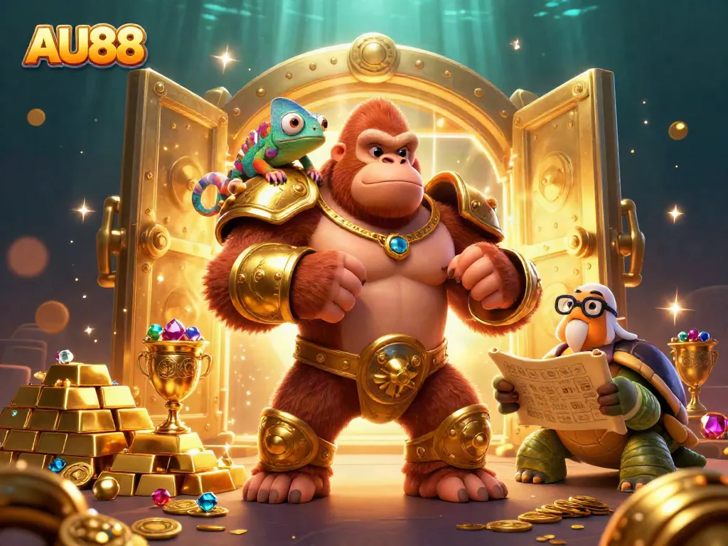 Engage with AU88's thrilling atmosphere featuring a powerful gorilla, chameleon, and tortoise surrounded by treasure.