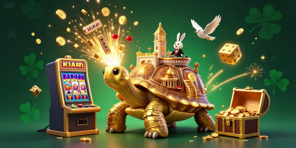 Experience the vibrant Ric79 casino scene with a golden tortoise and dynamic slot machine action.