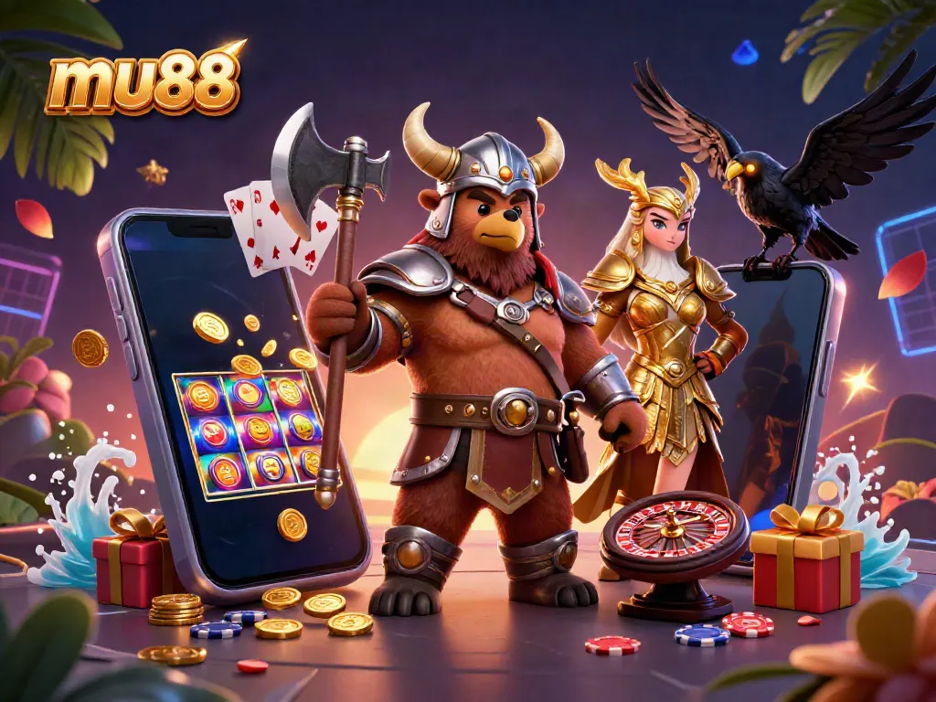 Engage in thrilling gaming with mu88's vibrant casino scene featuring a Viking bear and Valkyrie eagle.