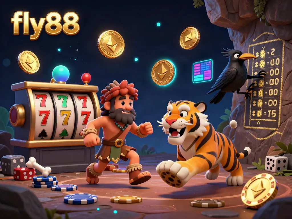 Experience thrilling gameplay with fly88 featuring 3D caveman and saber-tooth tiger in a vibrant casino scene.