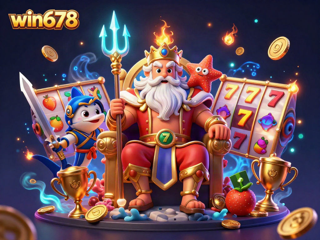 Engage with win678 as Neptune presides over a vibrant casino scene filled with dazzling slots and gold coins.