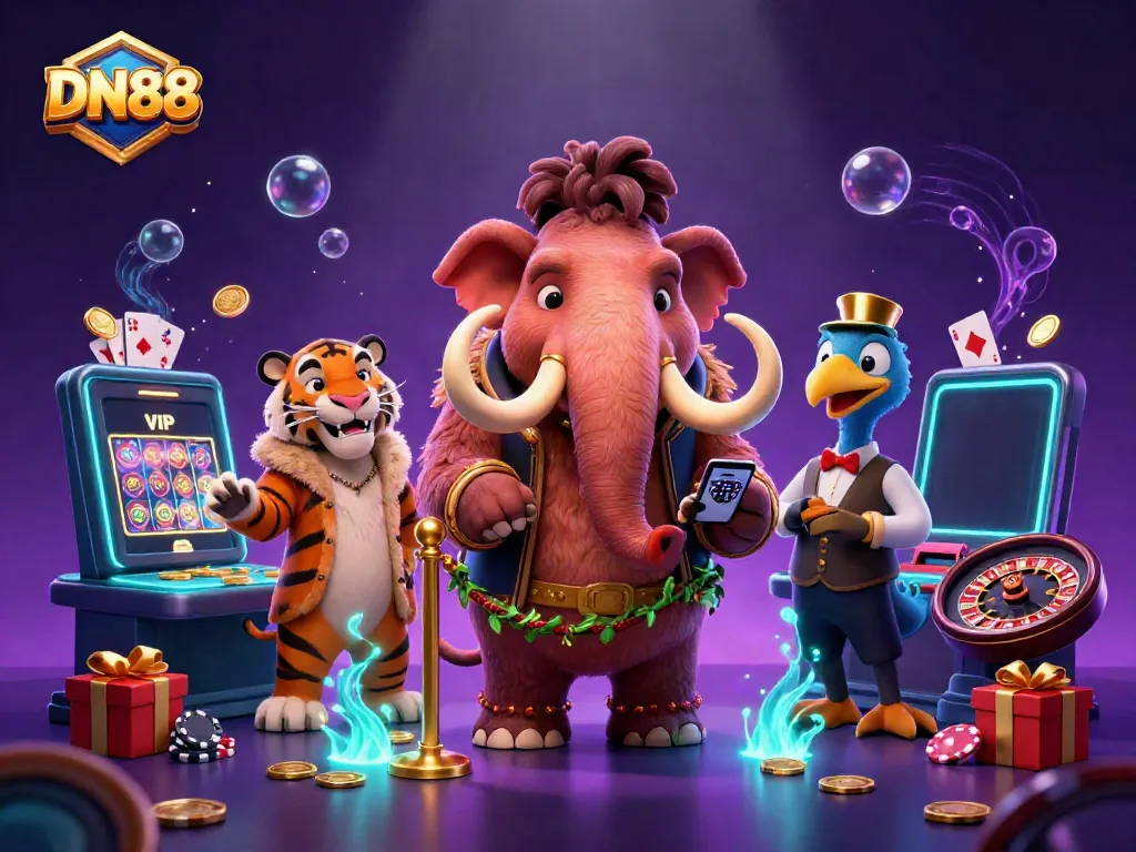 Engage with DN88 at the entrance of a vibrant casino, featuring a woolly mammoth bouncer checking IDs.