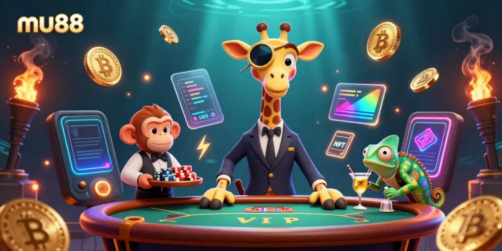 Experience the vibrant mu88 casino atmosphere with a 3D giraffe, monkey, and chameleon in action.