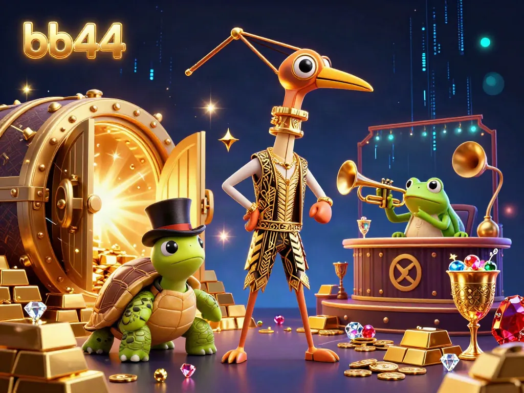 Engage with the exciting world of bb44 featuring 3D cartoon crane, turtle, and frog at a dazzling speakeasy.