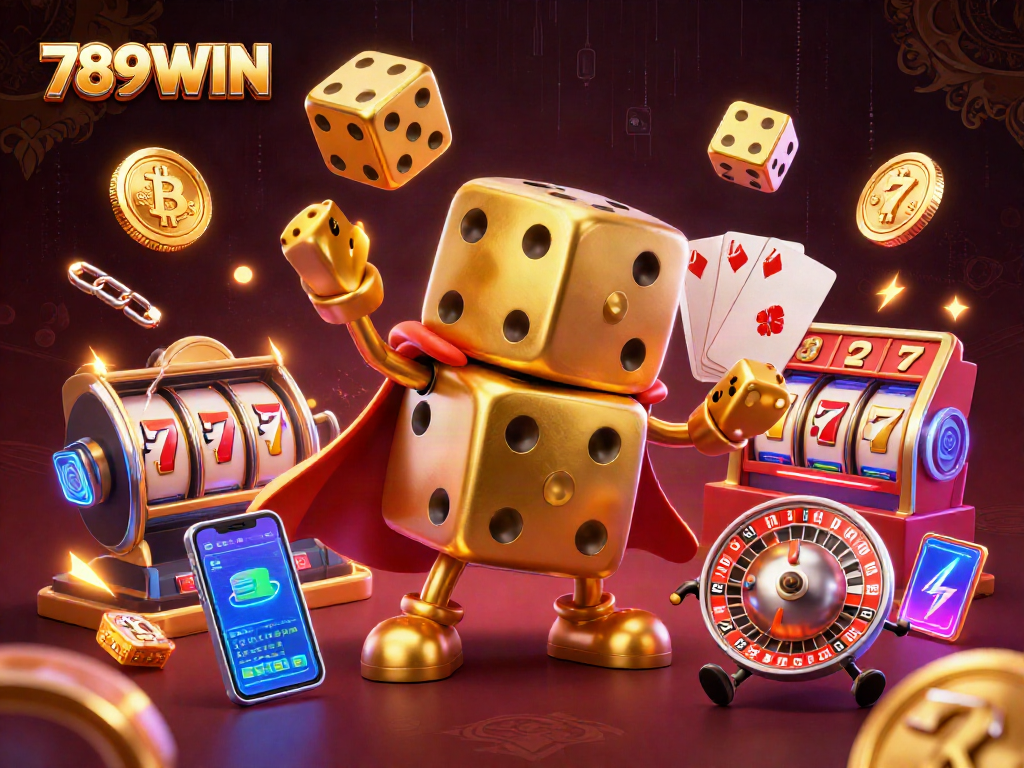 Engage with 789WIN in an ultra-detailed casino scene featuring dynamic dice characters and vibrant slot elements.