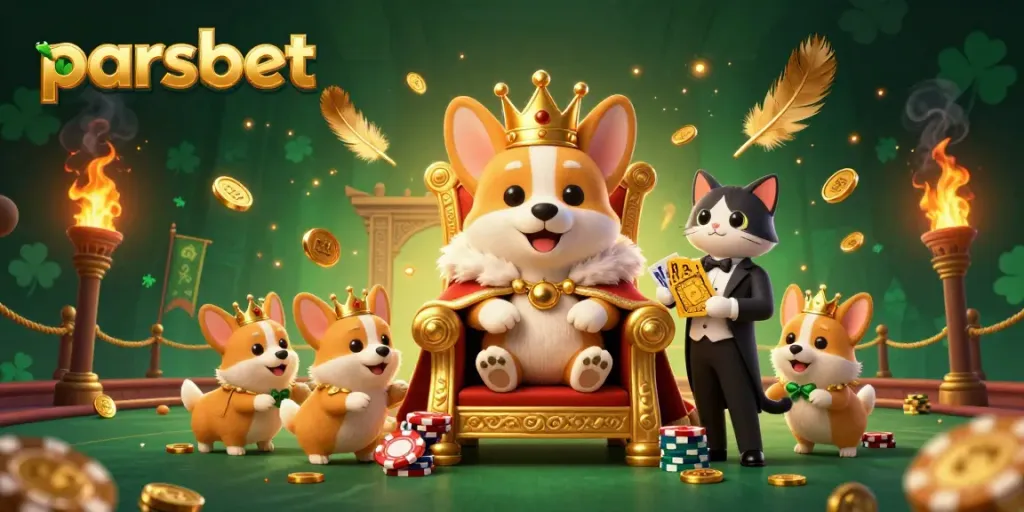 Experience the excitement of parsbet with cartoon royalty and casino action in this lush 3D scene.