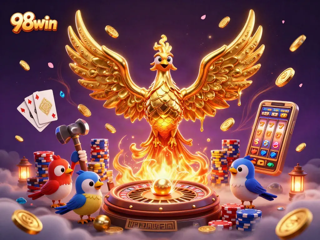 Experience the thrill of 98win with a cartoon golden phoenix rising amidst golden coins in a vibrant casino setting.