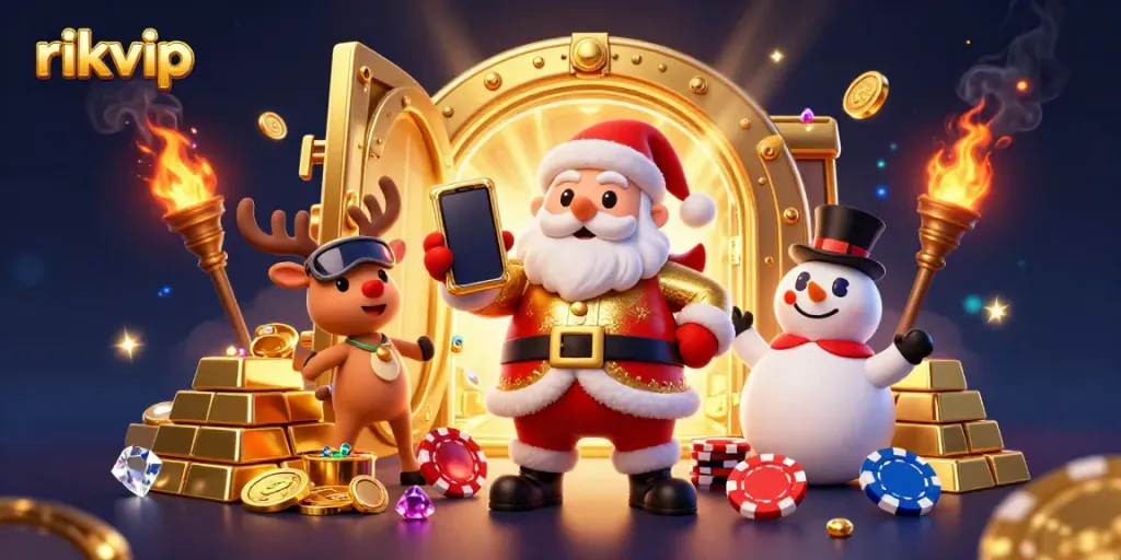 Experience the excitement of rikvip with Santa and friends in a vibrant casino scene, celebrating jackpots.