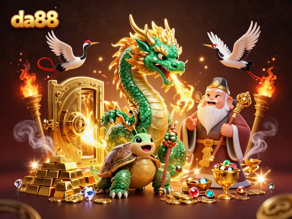 Experience top-tier gaming at da88 with a vibrant scene featuring a jade dragon and treasure elements illuminating the excitement.