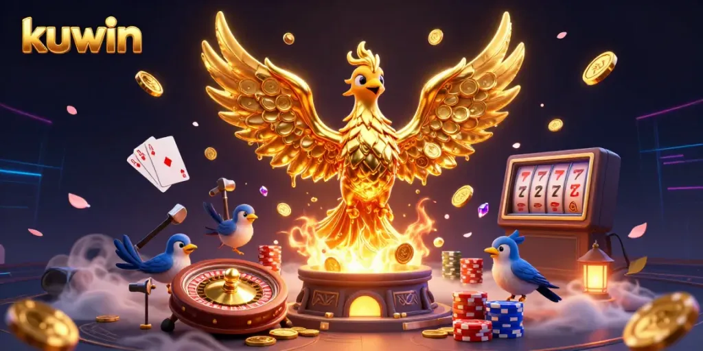 Kuwin's golden phoenix emerges as a symbol of online gambling victory, with coins and cards flying around in a spectacular display.