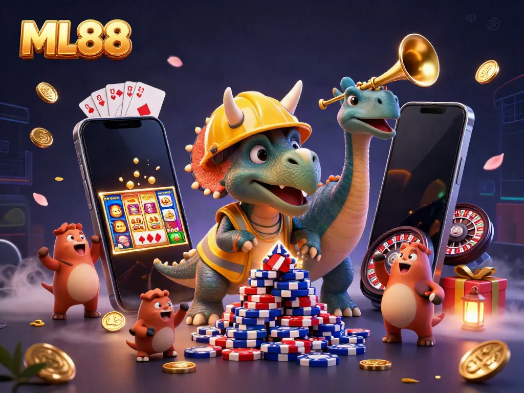 ML88 players building excitement as a triceratops constructs a poker chip pyramid in celebration of winning