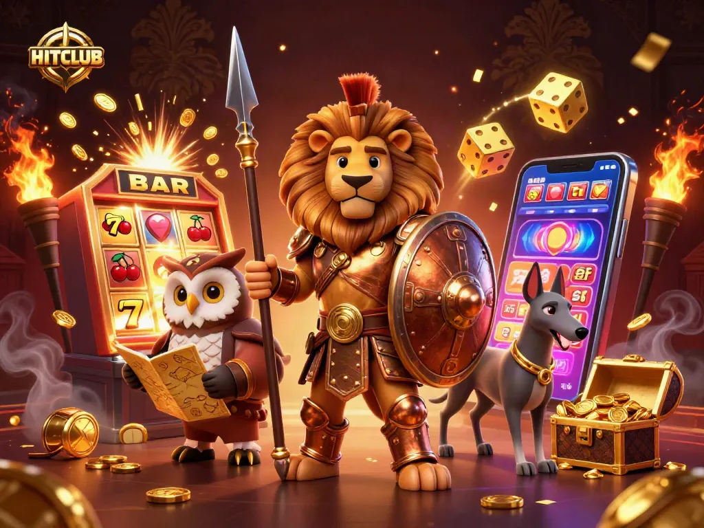 Engage with HITCLUB’s vibrant 3D casino scene showcasing thrilling jackpot excitement and festive gaming elements.