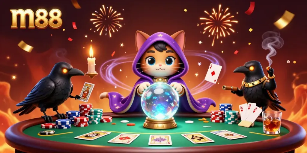 Engage with thrilling m88 casino moments captured in a vibrant, mystical 3D illustration of fortune and chance.