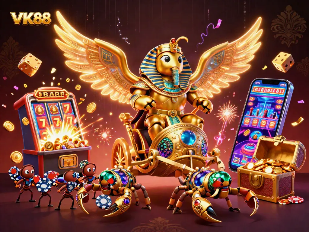 Experience the thrill of VK88 with vibrant casino elements and dynamic characters in this 3D illustration.