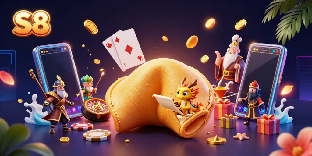 S8 players winning with a vibrant casino-themed illustration showcasing dynamic gaming elements.