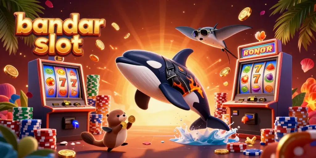 Experience excitement at bandar slot with animated sea creatures enjoying their winnings in a vibrant casino.