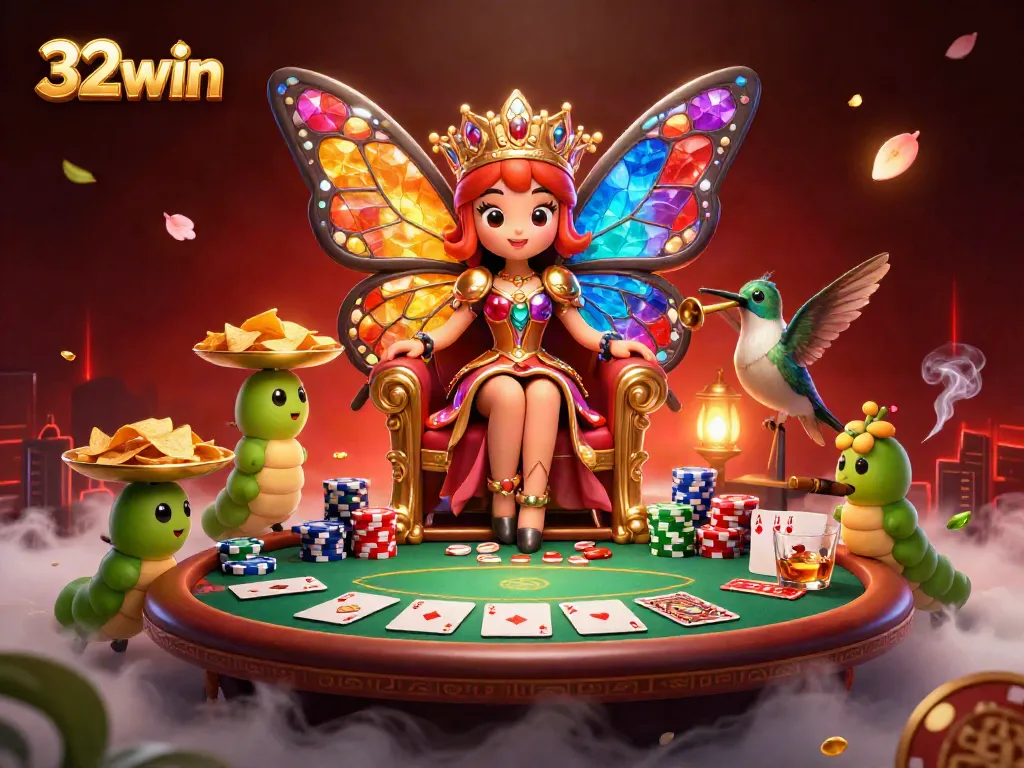 Experience the excitement of 32win with vibrant casino elements and a captivating butterfly queen.