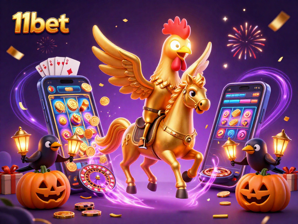 Engage in thrilling casino action with 11bet featuring a golden rooster and magical elements.
