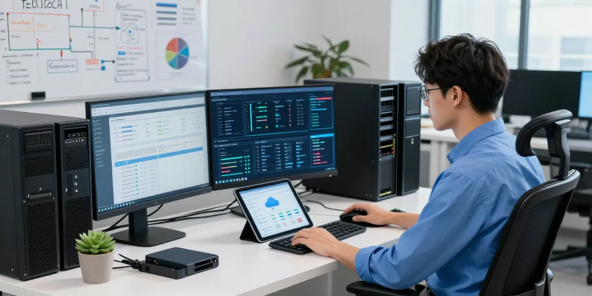 Dynamic workspace featuring serverbrowse analytics, IT professional managing server systems with multiple screens