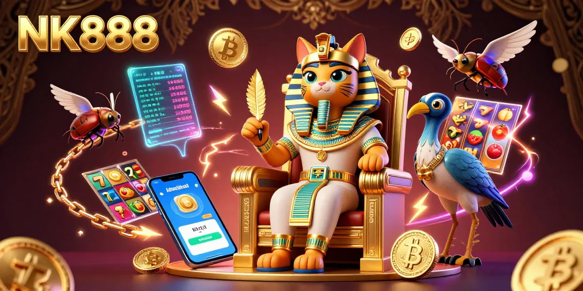 Experience thrilling slots with NK888, featuring Egyptian-themed characters and dynamic game elements.