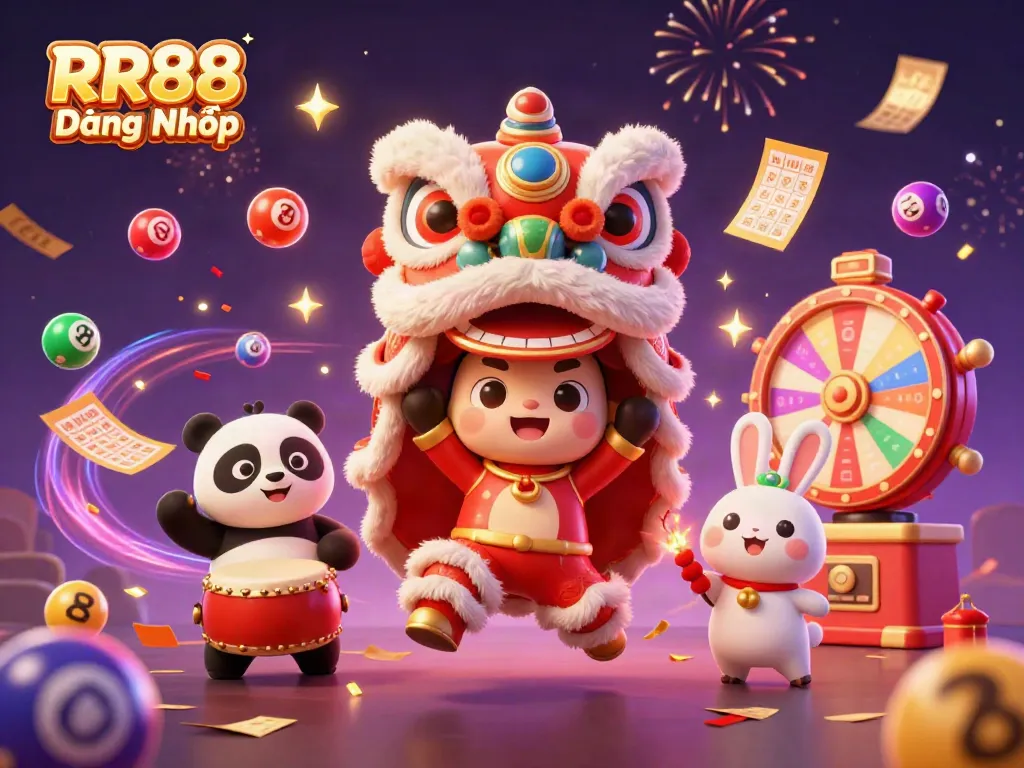 Experience the vibrant RR88 Đăng Nhập scene with a lion dance and festive lottery elements