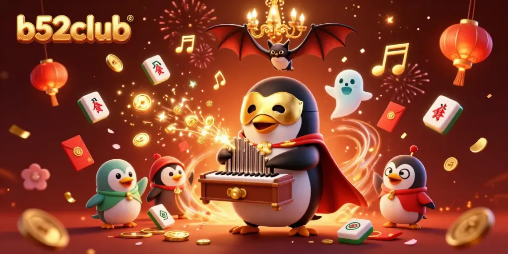 Watch the b52club penguin conduct thrilling gameplay with gold coins and festive elements.