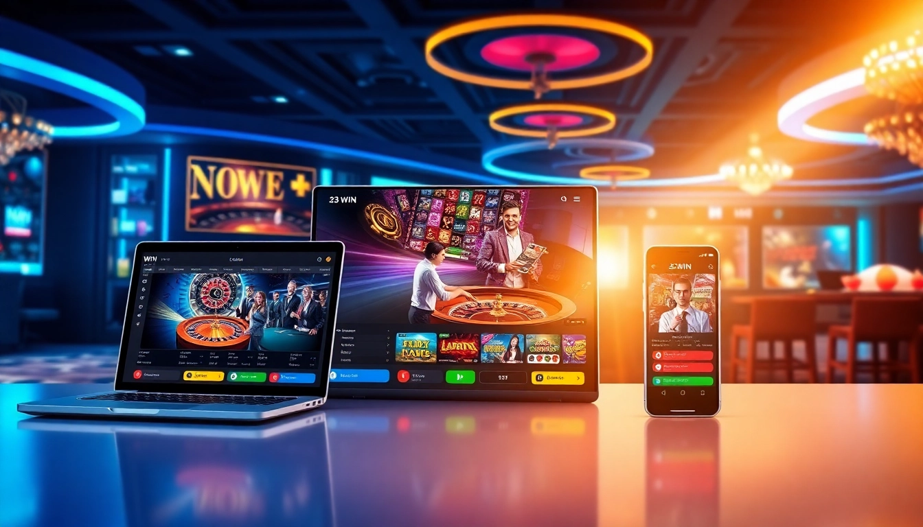 Experience the excitement of 23 WIN online casino with modern devices showcasing thrilling games and live dealers.