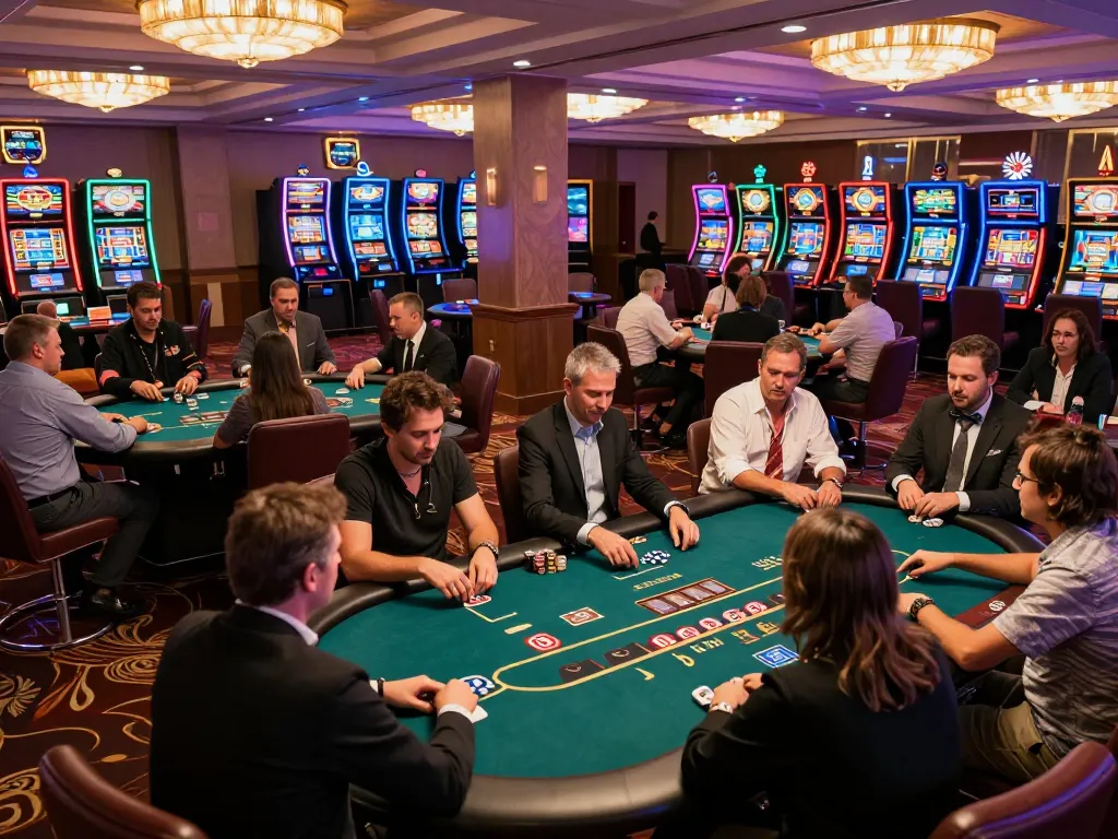 Players engaging at TR88 poker tables, vibrant casino atmosphere filled with excitement