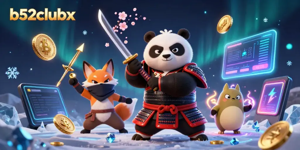 Engage with b52clubx, exploring a vibrant 3D casino world with samurai panda, ninja fox, and dynamic crypto influences.