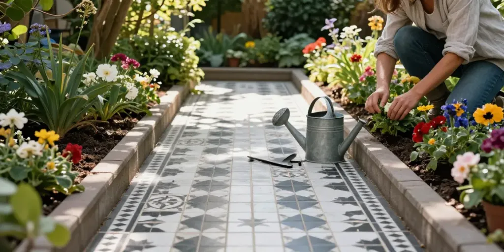 Victorian tiled paths beautifully showcased in a sunny garden scene with flowerbeds and watering can.