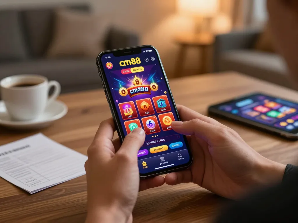 Engaging gameplay on smartphone showcasing cm88 online casino options in a cozy home setting.