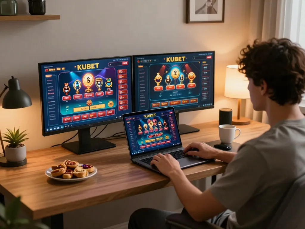 KUBET online gaming setup showing a player engaged with multiple casino games on a laptop.