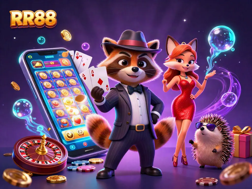 Experience excitement at RR88 with a fun-filled casino scene featuring playful characters and vibrant games.
