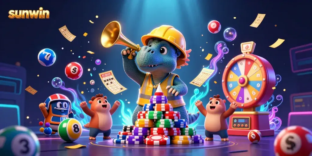Engage in thrilling gaming at Sunwin with dynamic cartoon characters celebrating a casino environment.