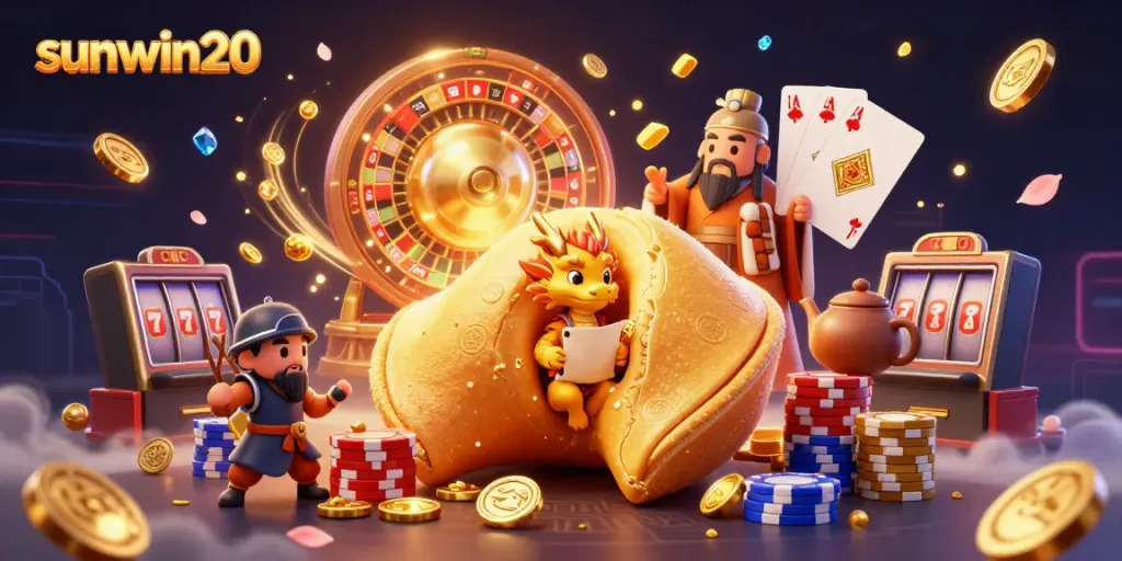 Win big with sunwin20 in this vibrant 3D illustration featuring casino elements and a lucky dragon.