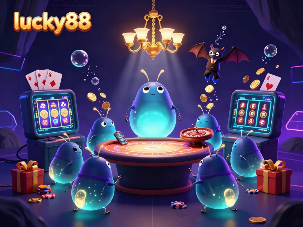 Experience the excitement of lucky88 with vibrant glowworms lighting a cave casino scene filled with slot games and sparkling elements.