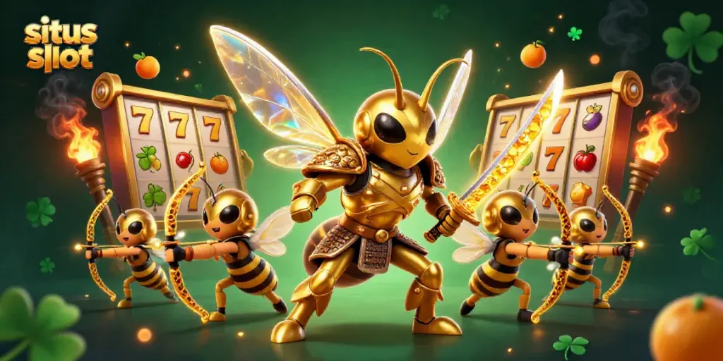 Menghadirkan situs slot dengan hornet raksasa berarmor samurai dan elemen permainan slot yang penuh warna.