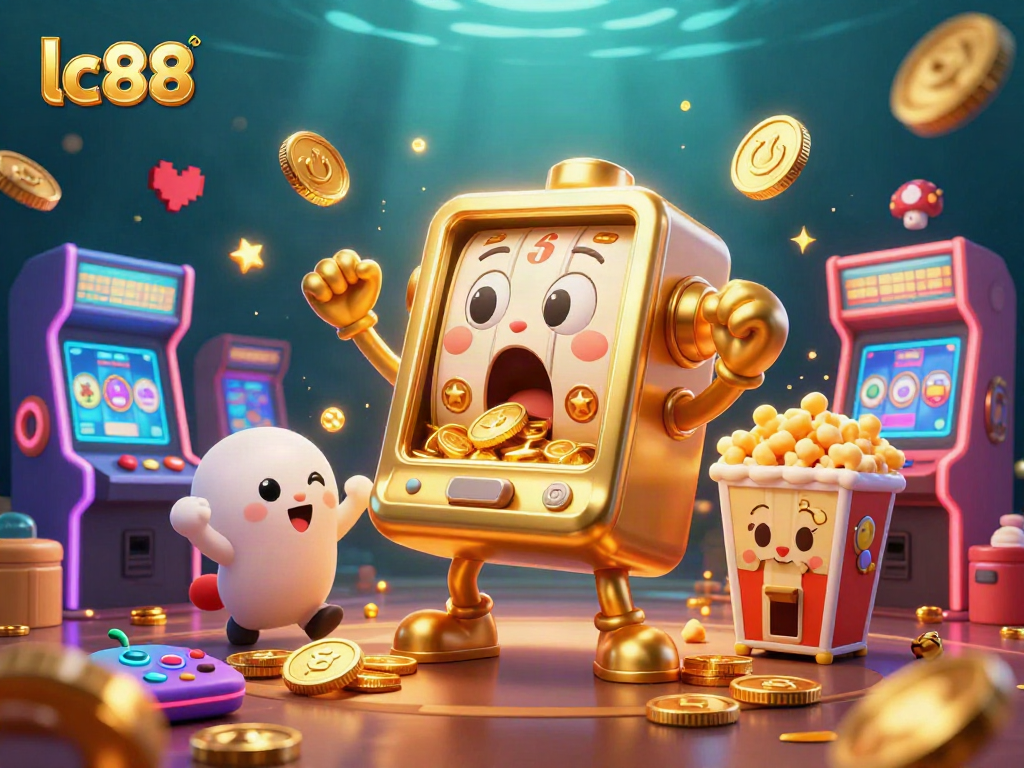 Win at lc88 with a golden slot machine celebrating its jackpot amid vibrant casino excitement.
