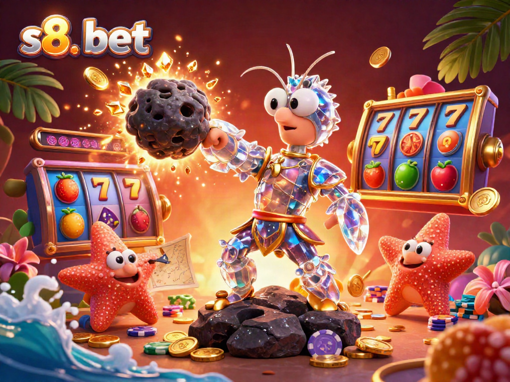 S8. bet showcases a galactic samurai mantis shrimp in a vibrant casino world, winning big with explosive gems and coins.
