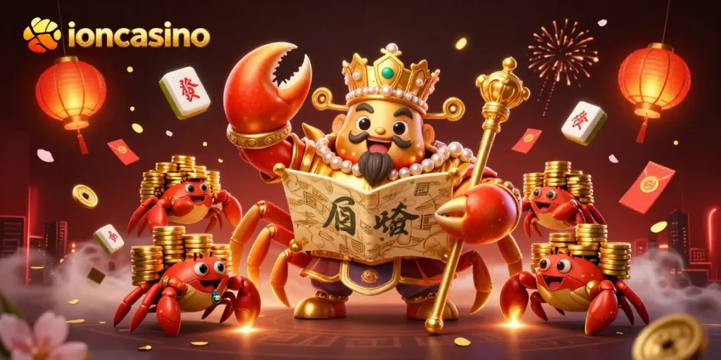 Engage with ioncasino's immersive experience featuring a golden crab emperor in a rich gaming environment.