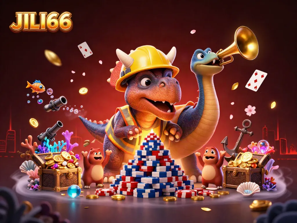 Engage with JILI66, featuring a triceratops building poker chip pyramids in a vibrant casino-themed celebration.