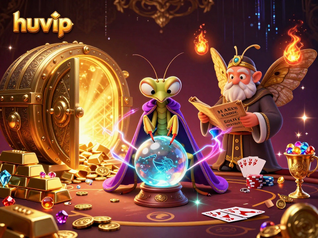 Engage with huvip's vibrant gaming atmosphere, featuring a mystical fortune teller and rich casino elements.