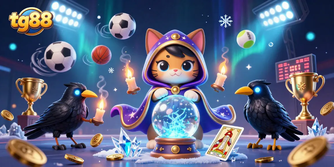 tg88 engages players with a lively scene of a fortune teller cat, raven, and dynamic sports elements.