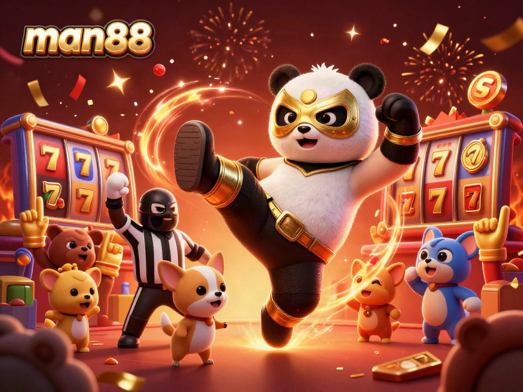 Experience the thrill of man88 as a panda wrestler kicks, surrounded by lively slot elements and festive fans.