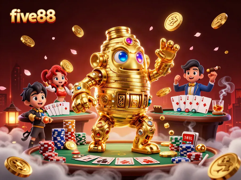 Players enjoy the vibrant five88 casino with golden golem and poker excitement in this dynamic scene.