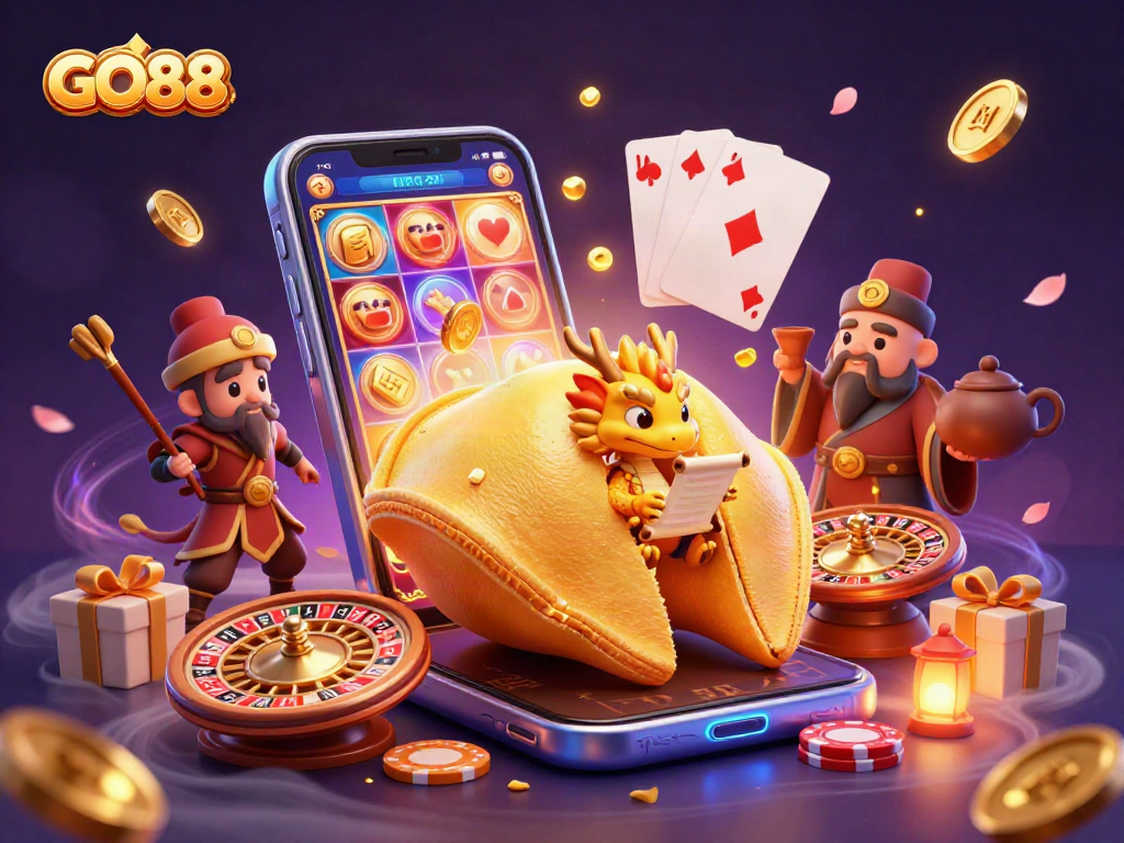 Experience GO88's thrilling allure with golden fortune symbols and gaming excitement.